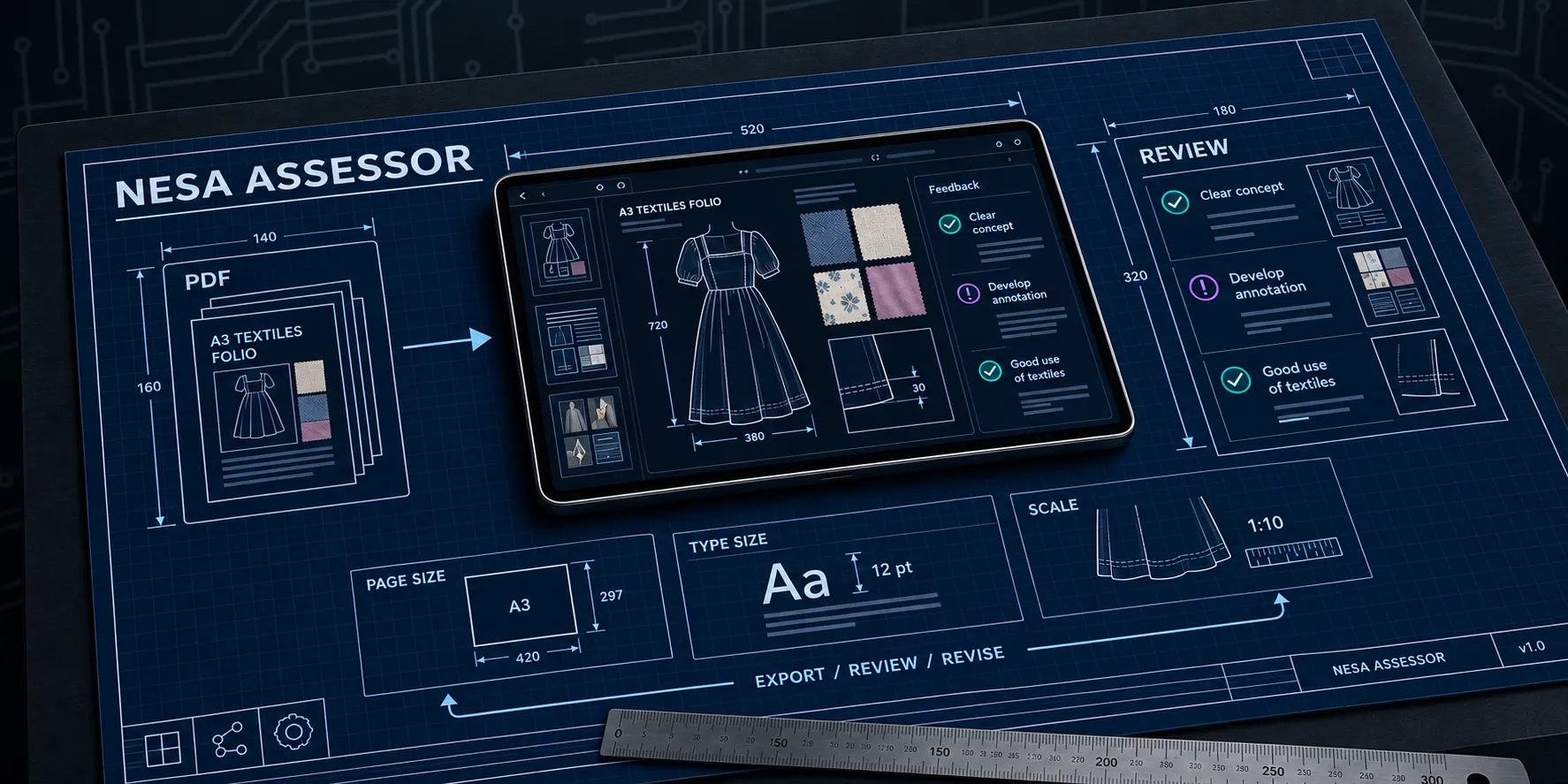 A blueprint shows an A3 textiles folio PDF marked on a tablet, with page size, type size, and scale checks.