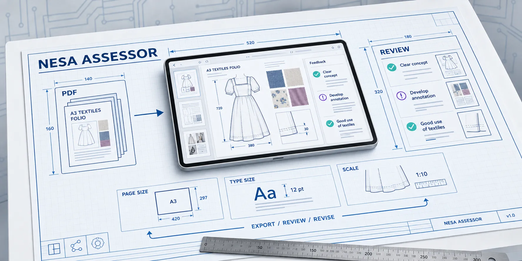A blueprint shows an A3 textiles folio PDF marked on a tablet, with page size, type size, and scale checks.