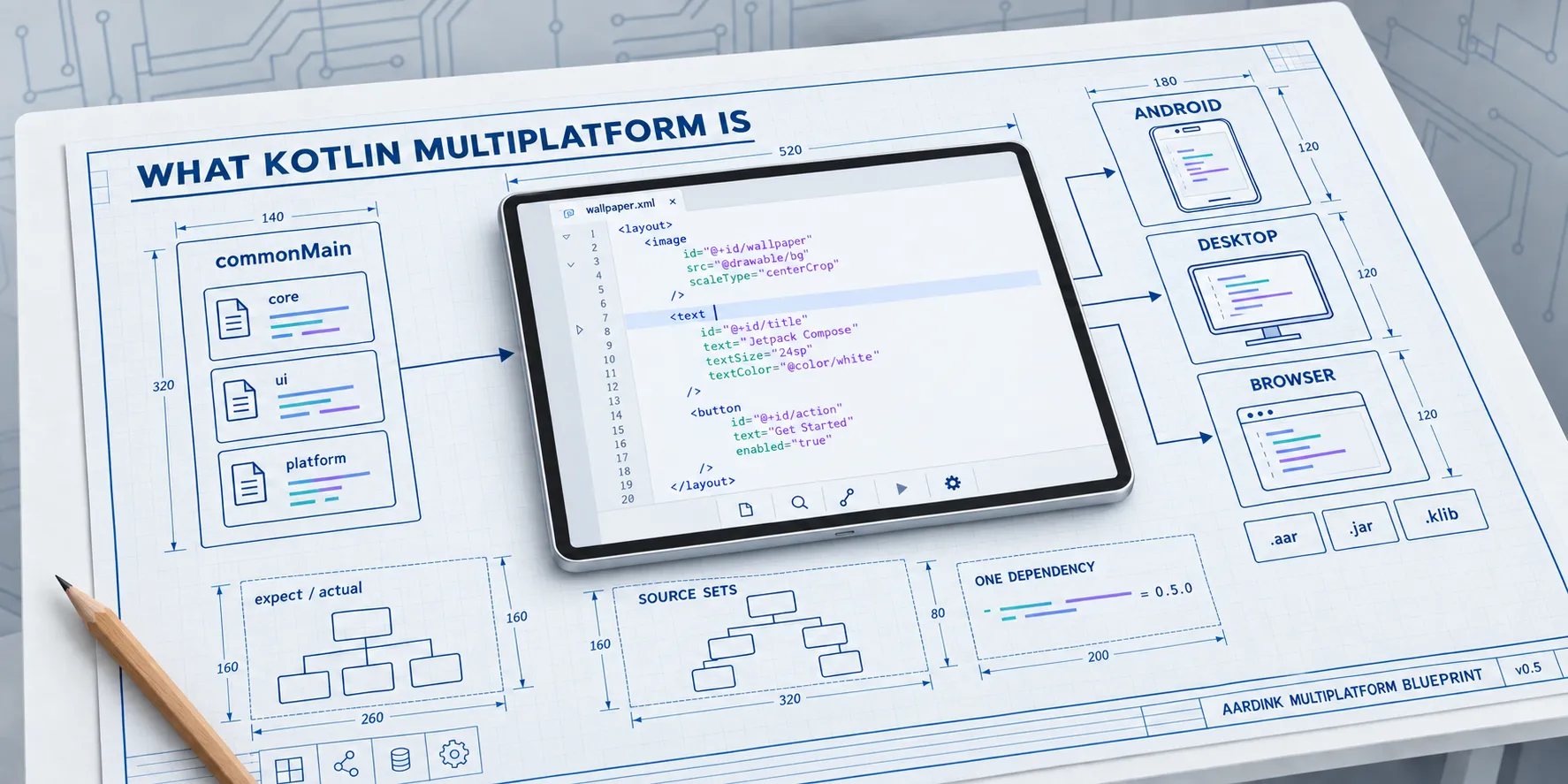 A blueprint shows one Kotlin codebase building the Aardink editor for Android, the desktop, and the browser.
